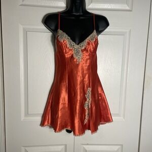 Vintage Fredericks Of Hollywood Slip Dress Women S Orange Y2K Chemise Lace Trim